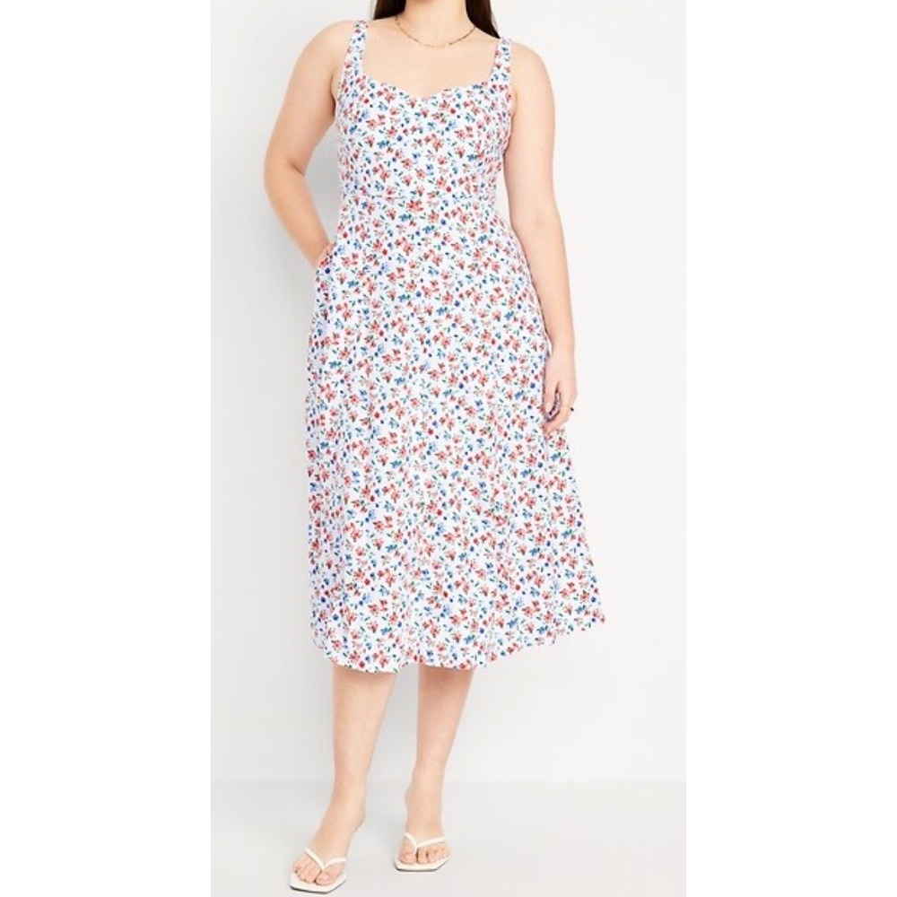 🆕 OLD NAVY Americana Floral Linen Blend Fit & Flare Summer Midi Dress M